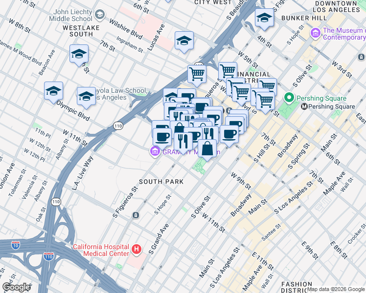 map of restaurants, bars, coffee shops, grocery stores, and more near in Los Angeles