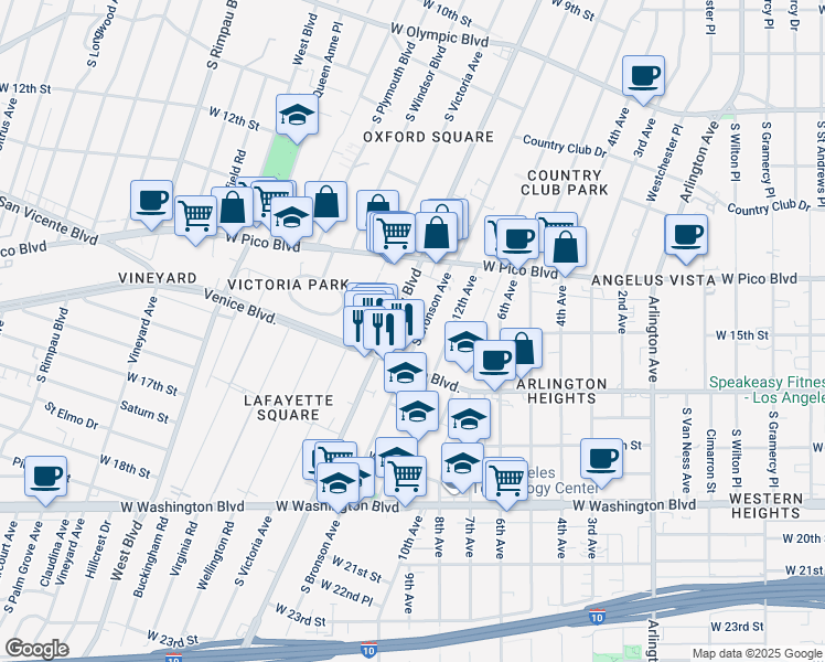 map of restaurants, bars, coffee shops, grocery stores, and more near 1506 Crenshaw Boulevard in Los Angeles