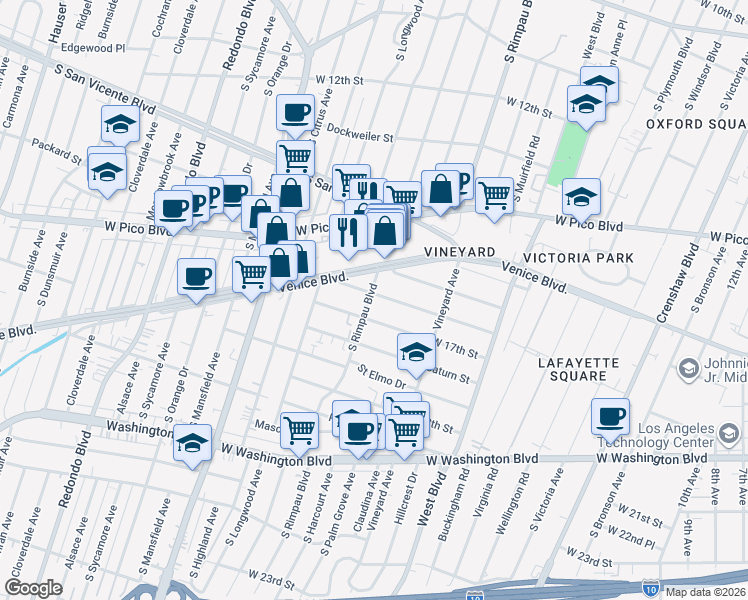 map of restaurants, bars, coffee shops, grocery stores, and more near 1655 South Rimpau Boulevard in Los Angeles