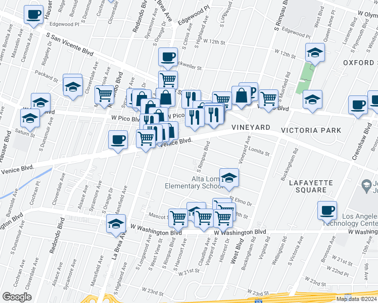 map of restaurants, bars, coffee shops, grocery stores, and more near 4843 West 17th Street in Los Angeles