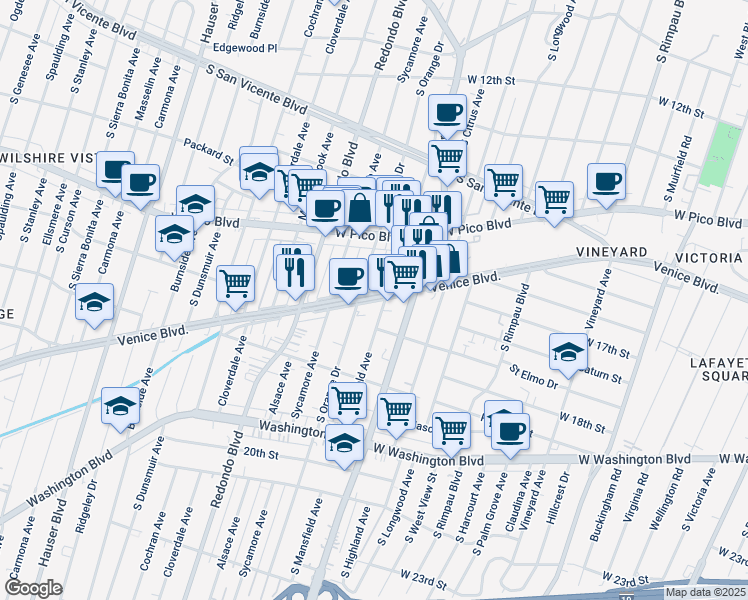 map of restaurants, bars, coffee shops, grocery stores, and more near 5008 Venice Boulevard in Los Angeles