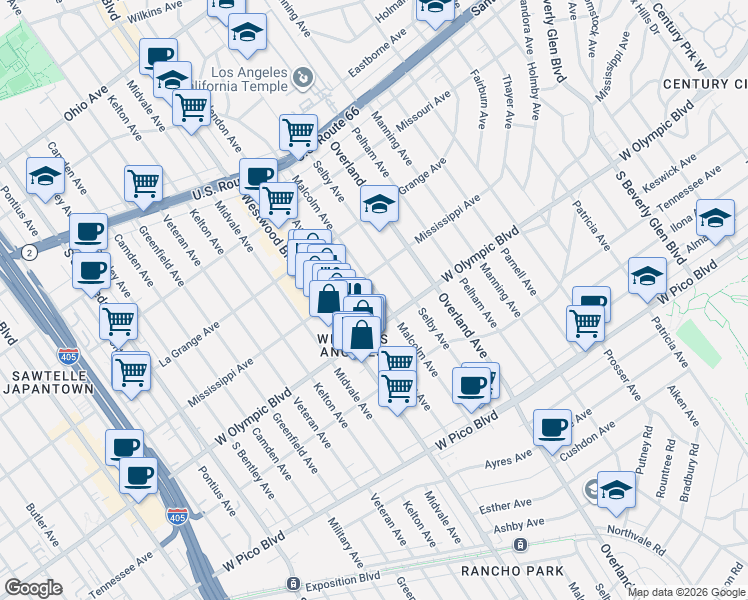 map of restaurants, bars, coffee shops, grocery stores, and more near 2123 Malcolm Avenue in Los Angeles