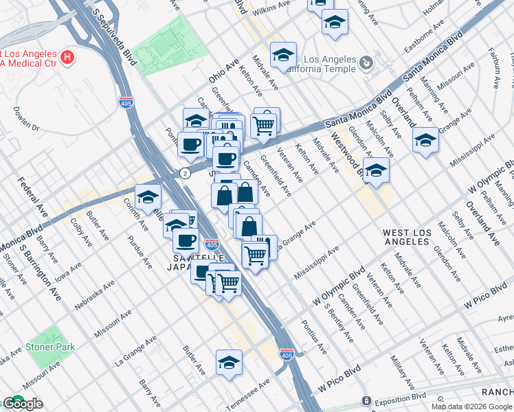 map of restaurants, bars, coffee shops, grocery stores, and more near 1839 South Bentley Avenue in Los Angeles