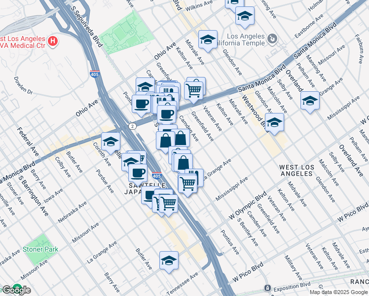 map of restaurants, bars, coffee shops, grocery stores, and more near 1839 South Bentley Avenue in Los Angeles