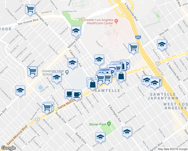 map of restaurants, bars, coffee shops, grocery stores, and more near 1443 Barry Avenue in Los Angeles