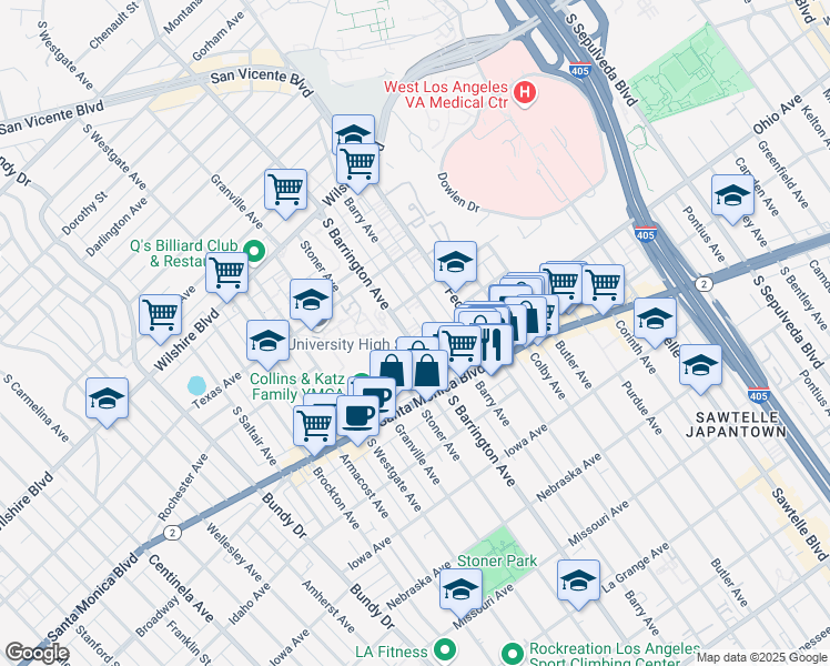 map of restaurants, bars, coffee shops, grocery stores, and more near 1443 Barry Avenue in Los Angeles