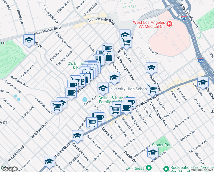 map of restaurants, bars, coffee shops, grocery stores, and more near 11861 Texas Avenue in Los Angeles