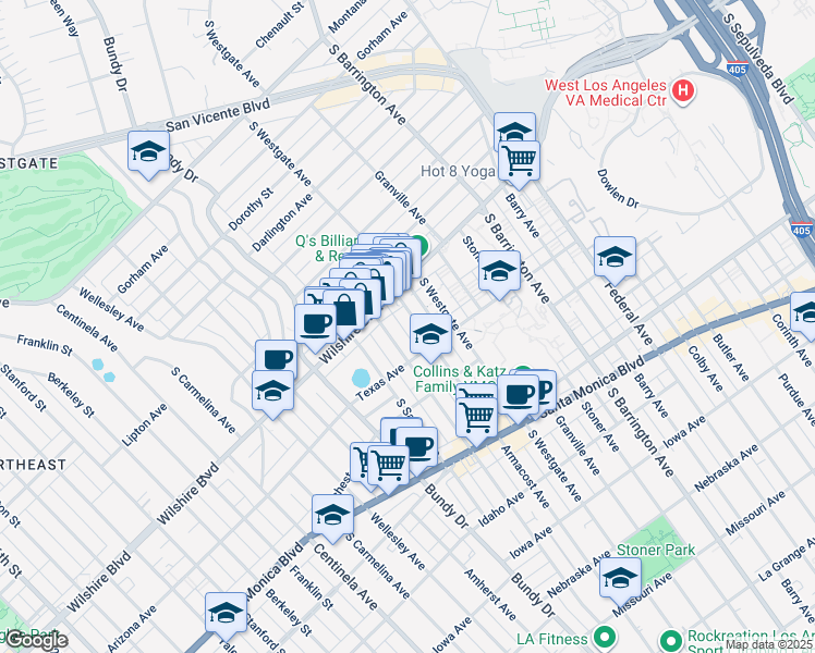 map of restaurants, bars, coffee shops, grocery stores, and more near 1226 Brockton Avenue in Los Angeles