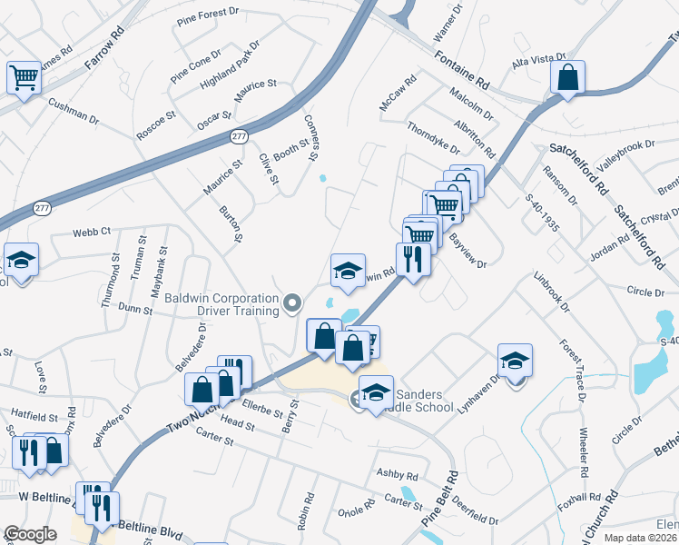 map of restaurants, bars, coffee shops, grocery stores, and more near 4019 Baldwin Road in Columbia
