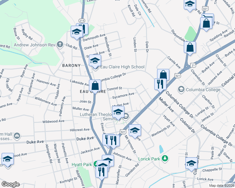 map of restaurants, bars, coffee shops, grocery stores, and more near 1009 Sycamore Avenue in Columbia