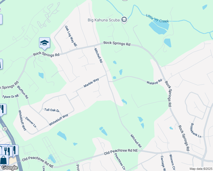 map of restaurants, bars, coffee shops, grocery stores, and more near 2430 Mitchell Road in Lawrenceville