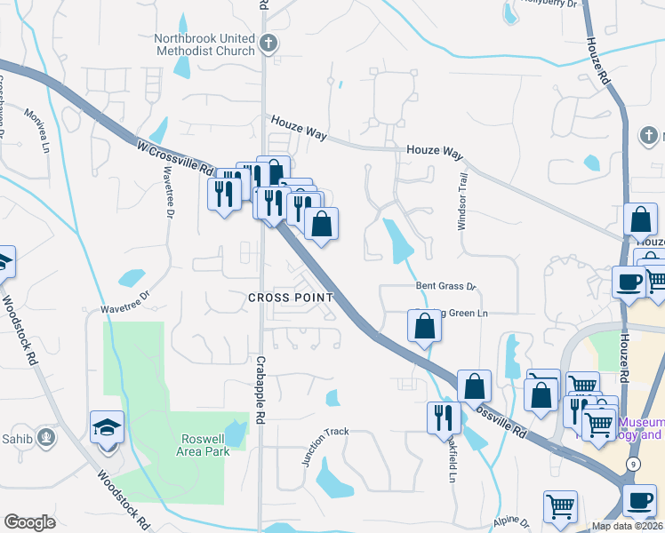 map of restaurants, bars, coffee shops, grocery stores, and more near 101 East Crossville Road in Roswell