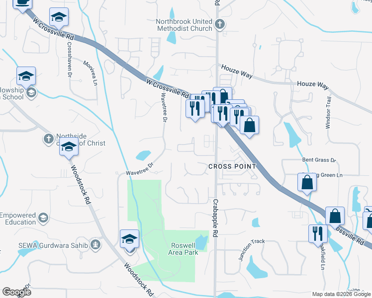 map of restaurants, bars, coffee shops, grocery stores, and more near 185 Victoria Way in Roswell