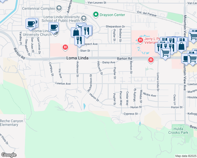 map of restaurants, bars, coffee shops, grocery stores, and more near 11461 Acacia Street in Loma Linda