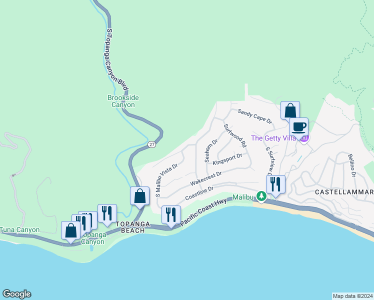 map of restaurants, bars, coffee shops, grocery stores, and more near 18326 West Clifftop Way in Malibu