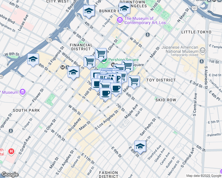 map of restaurants, bars, coffee shops, grocery stores, and more near 621 South Spring Street in Los Angeles