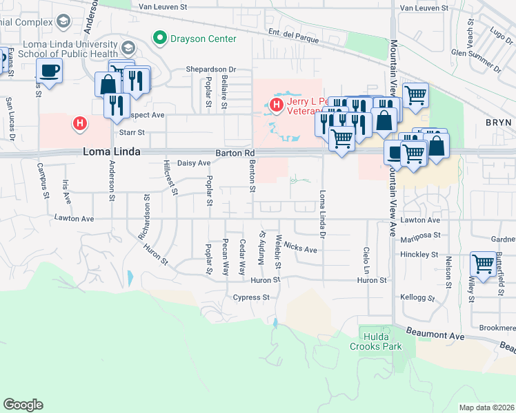 map of restaurants, bars, coffee shops, grocery stores, and more near 11461 Benton Street in Loma Linda