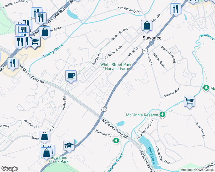 map of restaurants, bars, coffee shops, grocery stores, and more near 3815 Light Farms Way in Suwanee