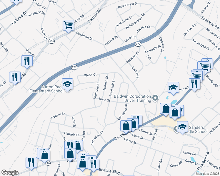 map of restaurants, bars, coffee shops, grocery stores, and more near 3638 Maybank Street in Columbia