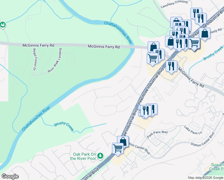 map of restaurants, bars, coffee shops, grocery stores, and more near 1302 Riverview Run Lane in Suwanee