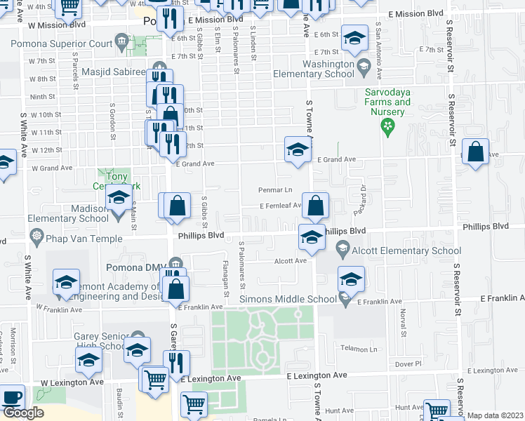 map of restaurants, bars, coffee shops, grocery stores, and more near 624 East Fernleaf Avenue in Pomona
