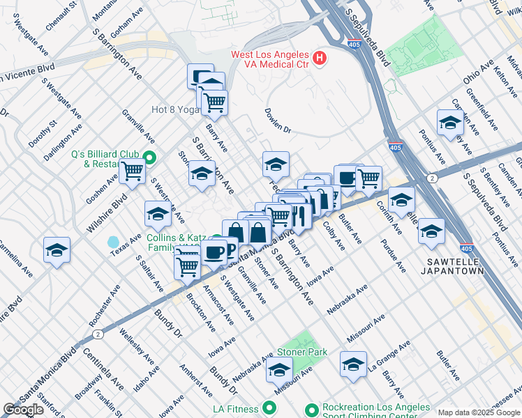 map of restaurants, bars, coffee shops, grocery stores, and more near 1443 Barry Avenue in Los Angeles
