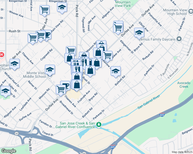 map of restaurants, bars, coffee shops, grocery stores, and more near 12352 Barringer Street in South El Monte