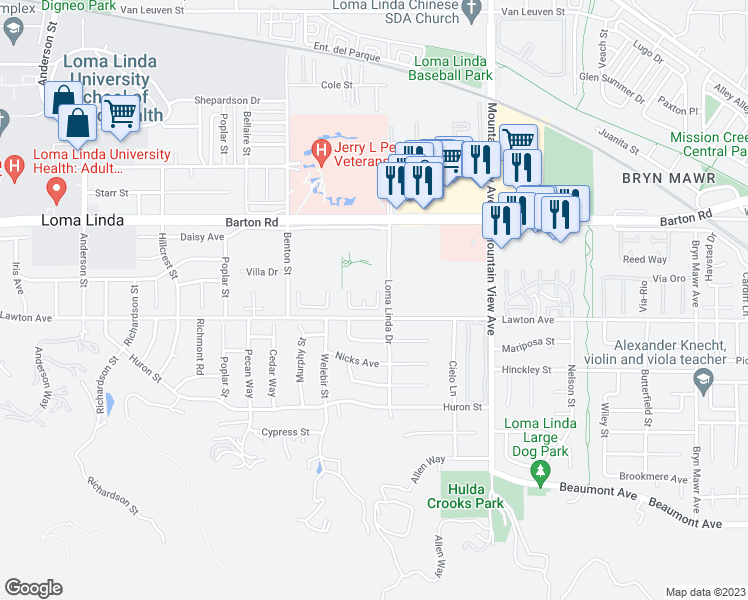 map of restaurants, bars, coffee shops, grocery stores, and more near 11458 Loma Linda Drive in Loma Linda