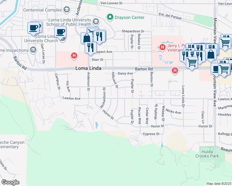 map of restaurants, bars, coffee shops, grocery stores, and more near 11460 Hillcrest Street in Loma Linda