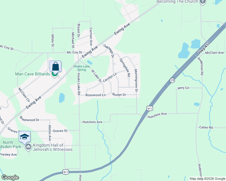 map of restaurants, bars, coffee shops, grocery stores, and more near 313 Roslyn Drive in Gadsden