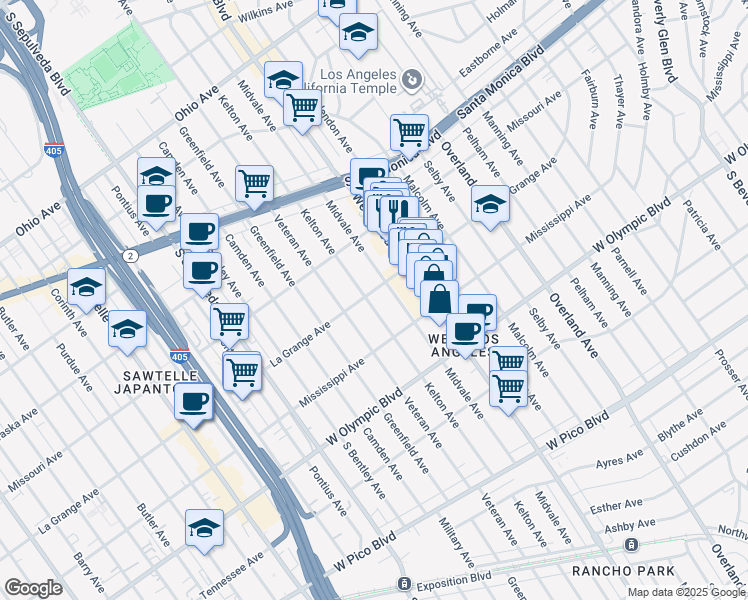 map of restaurants, bars, coffee shops, grocery stores, and more near 2006 Kelton Avenue in Los Angeles