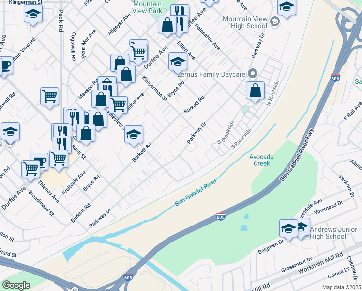 map of restaurants, bars, coffee shops, grocery stores, and more near 2327 Parkway Drive in El Monte