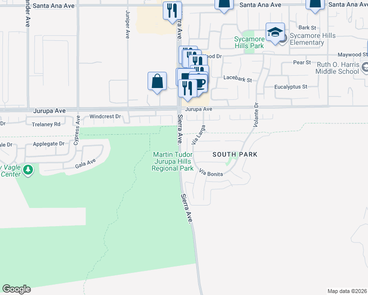 map of restaurants, bars, coffee shops, grocery stores, and more near 11464 Vía Monte in Fontana