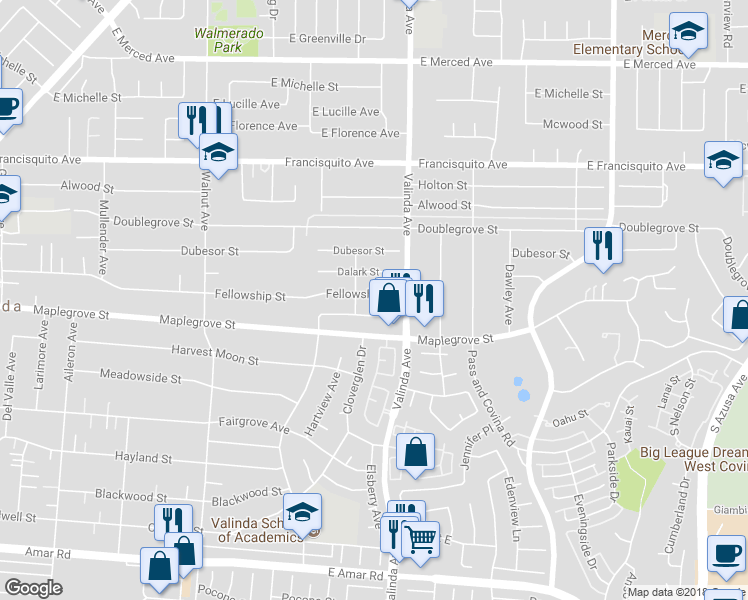 map of restaurants, bars, coffee shops, grocery stores, and more near 16322 Fellowship Street in La Puente