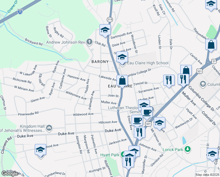 map of restaurants, bars, coffee shops, grocery stores, and more near 4403 Fair Street in Columbia