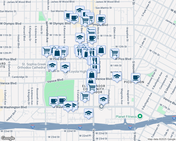 map of restaurants, bars, coffee shops, grocery stores, and more near 1424 South Berendo Street in Los Angeles