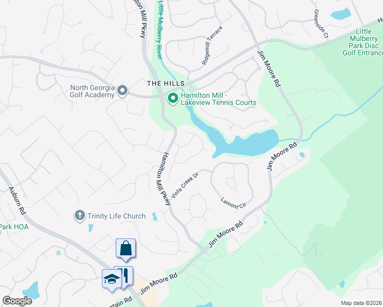map of restaurants, bars, coffee shops, grocery stores, and more near 3445 Mill Valley Drive in Dacula