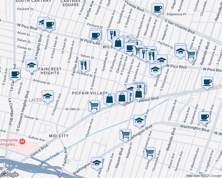 map of restaurants, bars, coffee shops, grocery stores, and more near 1633 Ellsmere Avenue in Los Angeles