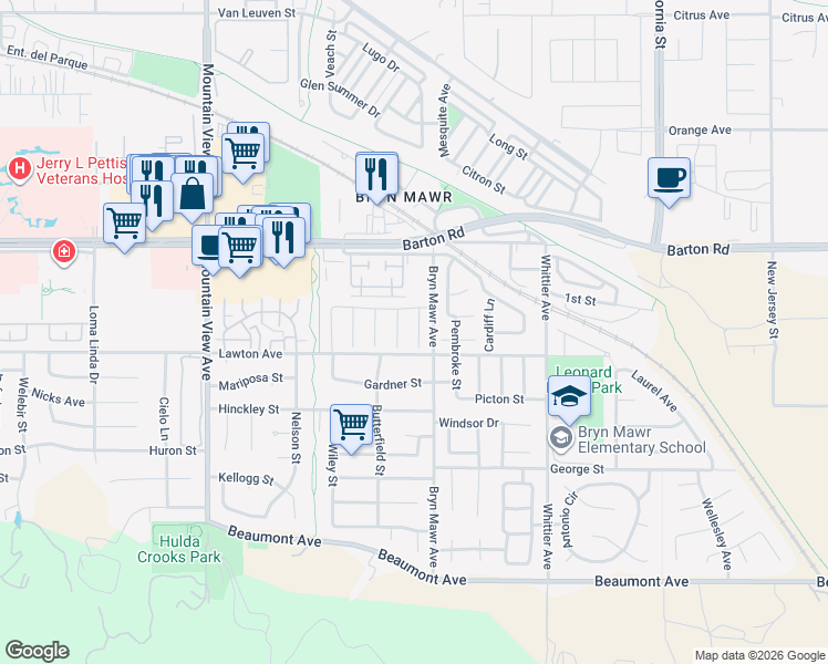 map of restaurants, bars, coffee shops, grocery stores, and more near 11456 Via-Lido in Loma Linda