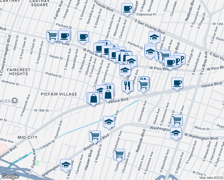 map of restaurants, bars, coffee shops, grocery stores, and more near 1558 Hauser Boulevard in Los Angeles