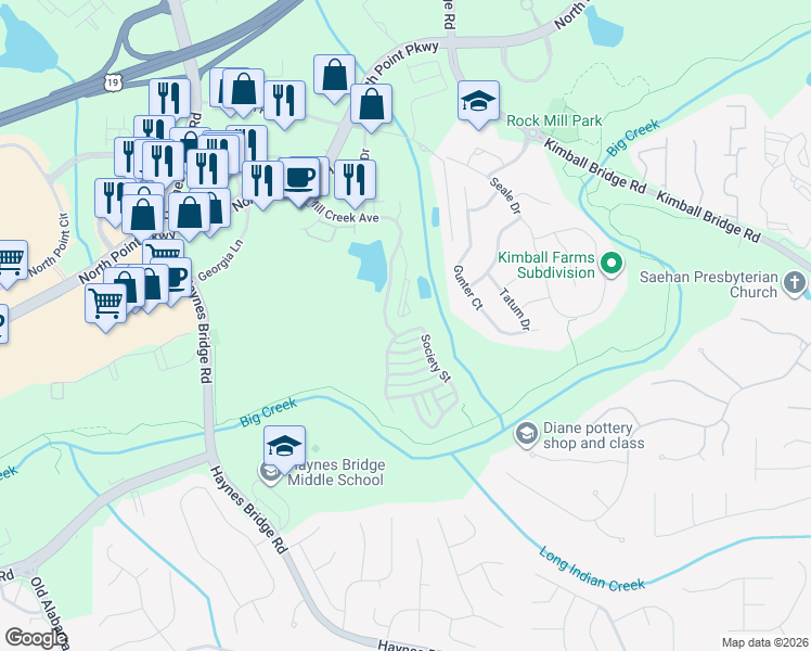 map of restaurants, bars, coffee shops, grocery stores, and more near 5010 Mill Creek Avenue in Alpharetta