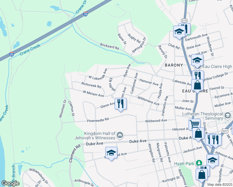 map of restaurants, bars, coffee shops, grocery stores, and more near 206 West Miriam Avenue in Columbia