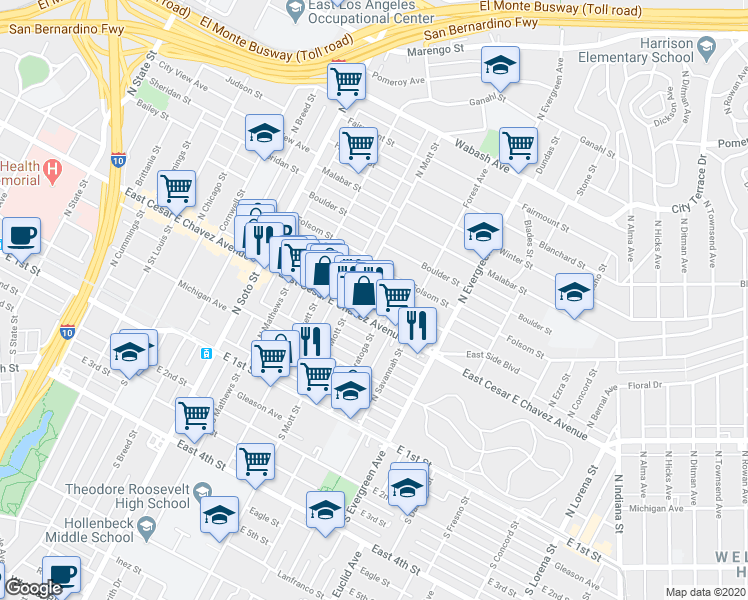 map of restaurants, bars, coffee shops, grocery stores, and more near 2718 Cincinnati Street in Los Angeles