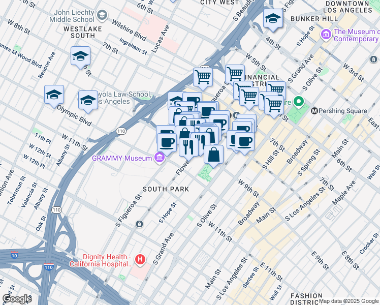 map of restaurants, bars, coffee shops, grocery stores, and more near 600 West 9th Street in Los Angeles