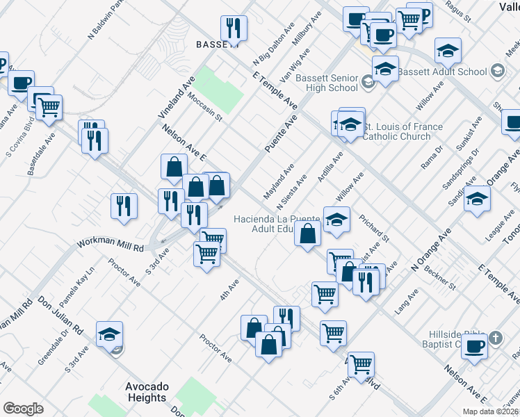 map of restaurants, bars, coffee shops, grocery stores, and more near 13740 Nelson Avenue East in La Puente