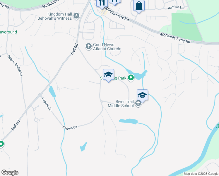 map of restaurants, bars, coffee shops, grocery stores, and more near 10885 Rogers Circle in Johns Creek
