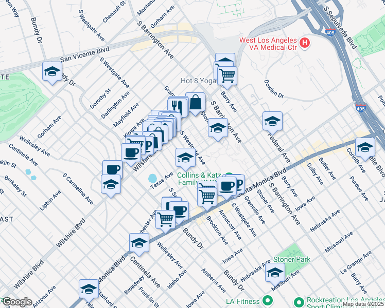 map of restaurants, bars, coffee shops, grocery stores, and more near 11861 Texas Avenue in Los Angeles