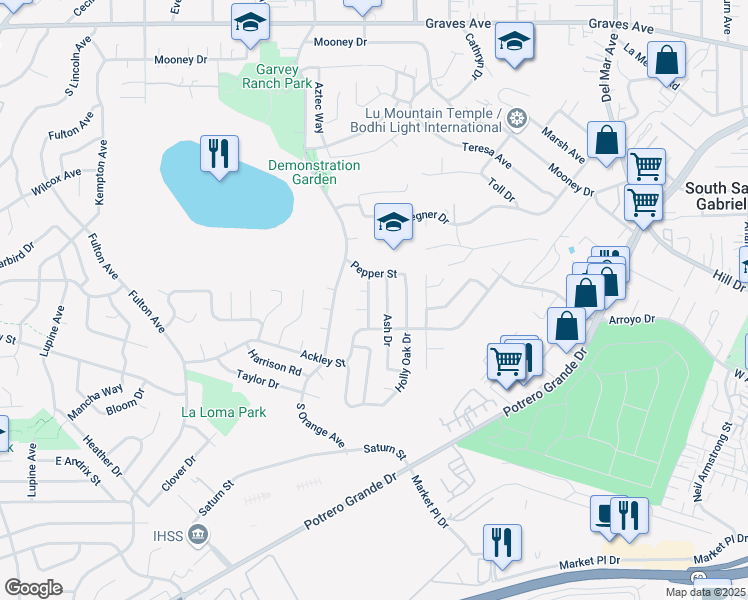 map of restaurants, bars, coffee shops, grocery stores, and more near 1744 Laurel Drive in Monterey Park