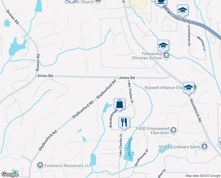 map of restaurants, bars, coffee shops, grocery stores, and more near 10895 Shallowford Road in Roswell