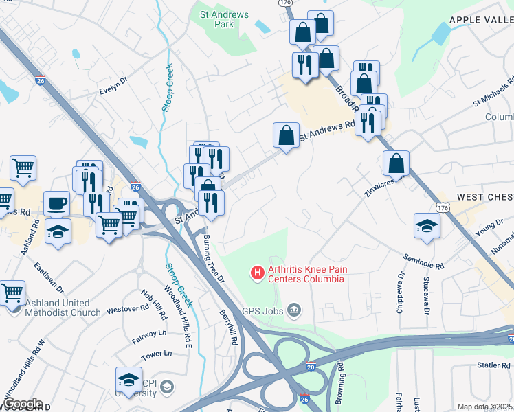 map of restaurants, bars, coffee shops, grocery stores, and more near 200 Chartwell Road in Columbia